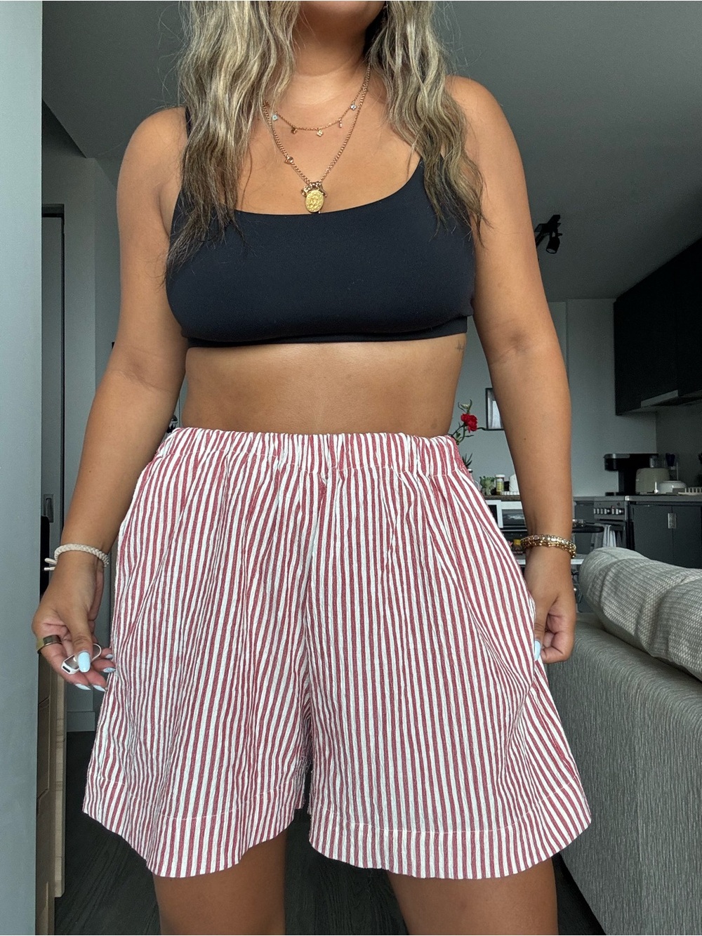 OAK + FORT Red & White Striped Elastic Waist Shorts